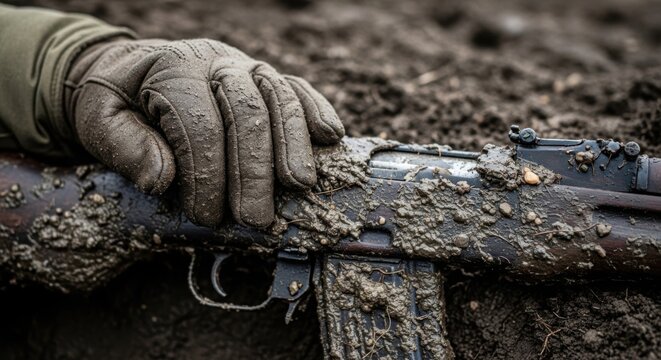 Gloved hand resting on muddy military weapon in a dirt trench, close up view of rifle covered in grime and mud, an old military weapon signifying hardship and conflict.
