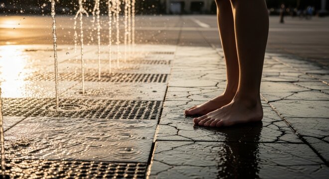 Bare feet water splash from urban fountain during warm summer evening. Person enjoying refreshing barefoot water experience, standing on wet pavement tiles.