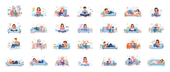 Fototapeta premium People relaxing at home in various activities, flat vector illustration. Set of flat vector characters illustrations. 