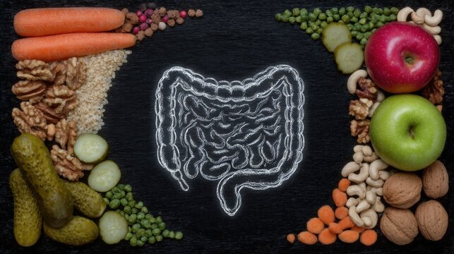 A drawing of a digestive system is surrounded by a variety of fruits