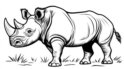 Obraz premium Black and white rhino illustration, profile view, grass background, nature art, possible use for educational materials or posters
