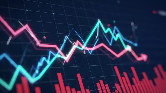 Digital financial stock market line graph showing growth and decline trends
