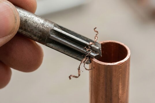 Close-up of a plumber using a deburring tool to clean the inside edge of a copper pipe, creating small metal shavings.
