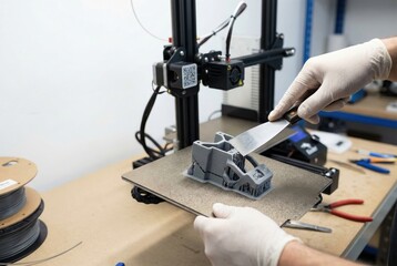 A person in gloves uses a spatula to carefully remove a gray, complex 3D printed object from the printer's build plate.