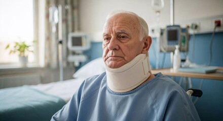 Obraz premium Elderly man sitting in hospital bed with neck brace and serious expression 