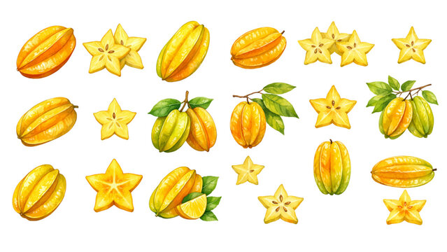 A charming watercolor collection of tropical starfruit, including whole carambolas, star-shaped slices, leafy branches, and juicy golden interiors.