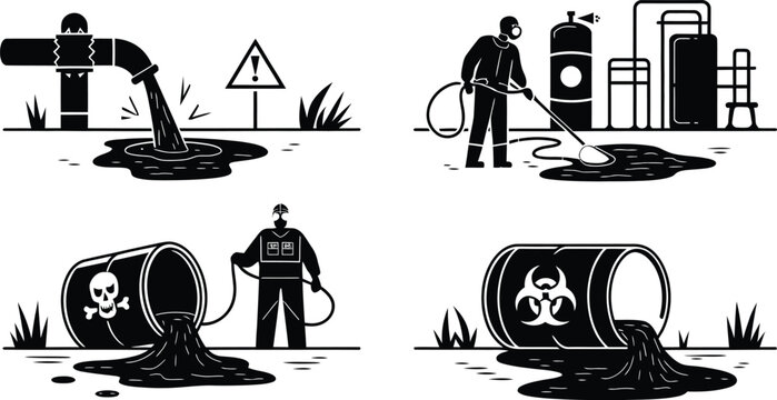 Toxic Waste Spill and Industrial Pollution Cleanup Icon Set Vector illustration