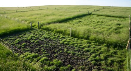 A serene landscape of regenerative agriculture fields divided by fences under a clear blue sky