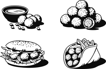 Falafel Fast Food Vector Set: Black and White Middle Eastern Cuisine Illustrations