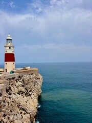 rocky coast of Gibraltar and Europa Point Lighthouse, Rock of Gibraltar, Mediterranean Sea, Strait of GIbraltar, British Overseas Territrory