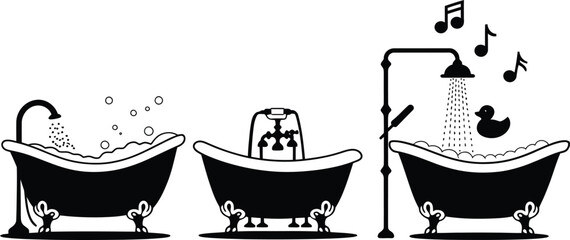 Vintage Clawfoot Bathtub and Shower Silhouette Icon Set with Bubbles and Duck