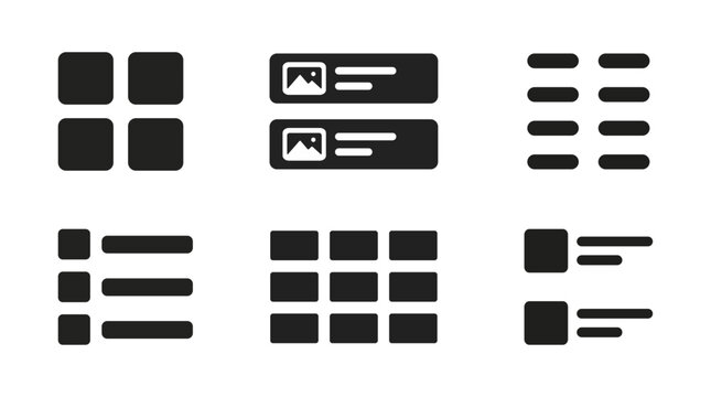 Display mode and layout view icon set with grid, list and card options. Minimal interface buttons for dashboard and content arrangement. Flat vector UI components in black style.