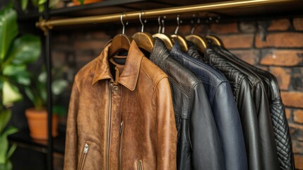 Obraz premium A rack of leather jackets hangs on a wall. The jackets are of different colors and styles, including brown, black, and blue. The jackets are hanging on metal hangers