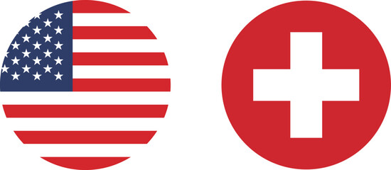 Fototapeta premium A set of circular icons of the flags of the United States of America and Switzerland.