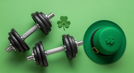 Dumbbells and green hat St Patrick fitness concept