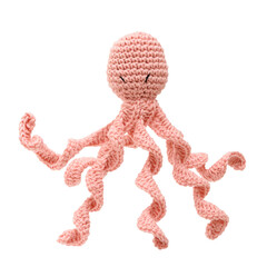 Pink plush octopus handmade using the amigurumi crochet technique, isolated on a transparent background. © DR Moura