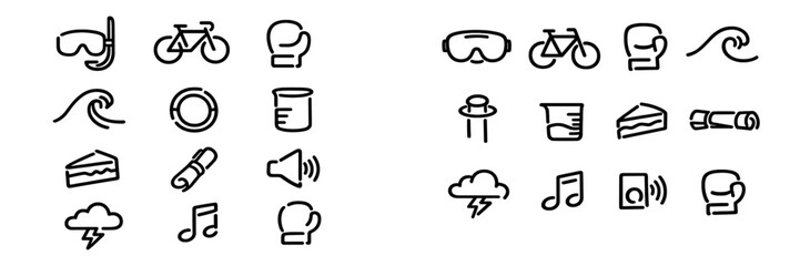 Collection of hand drawn black line icons representing sports nature science and lifestyle elements on white background © PAPA STOCK