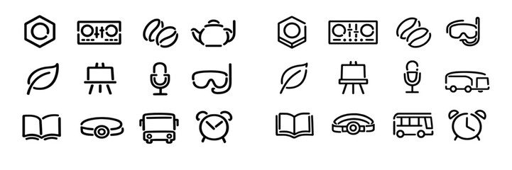 Minimalist black line icon set featuring everyday objects like coffee beans leaf bus alarm clock and microphone on white background © PAPA STOCK