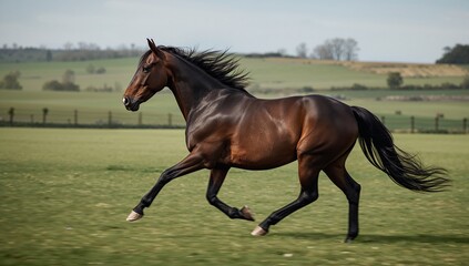 Fototapeta premium Horse Runs on Green Field Under Blue Sky in Rural Area During Daylight