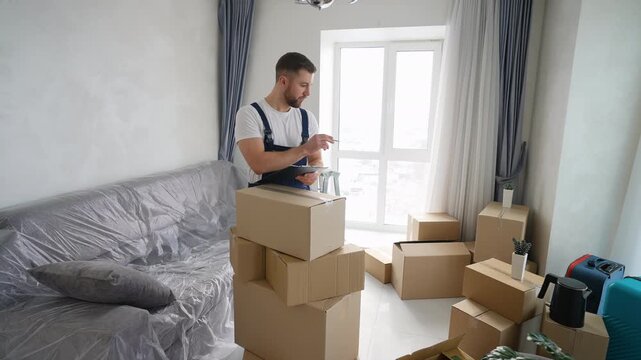 Professional mover taking inventory in new apartment