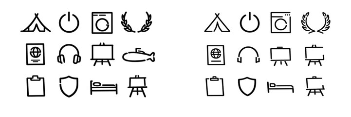 Minimalist hand drawn line icons set featuring tent power button washing machine laurel wreath passport headphones easel submarine and © PAPA STOCK