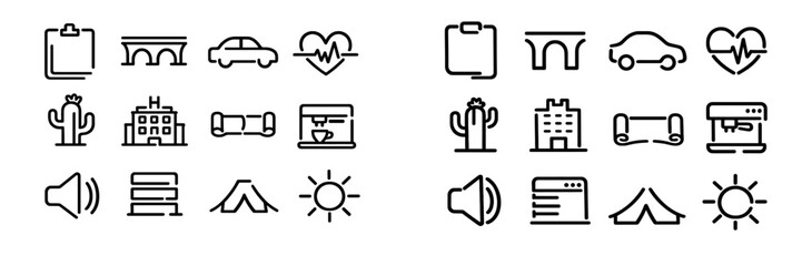Collection of simple black line icons featuring travel car bridge hotel cactus tent sun and business symbols © PAPA STOCK