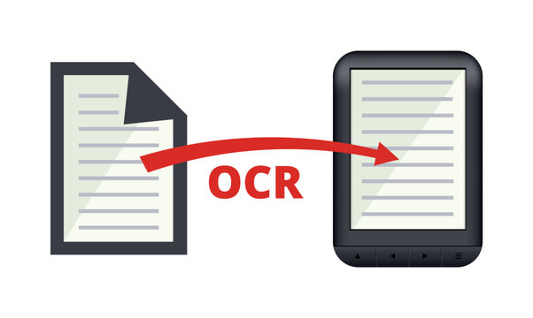 A vector illustration depicting Optical Character Recognition &ndash; OCR, a technology that transforms scanned, handwritten, or printed text from images into digital text that can be edited and searched.