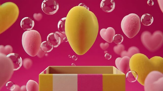 A romantic and whimsical scene, where charming fluffy hearts and bubbles of various sizes emerge from an open box, creating a dreamlike and magical effect.