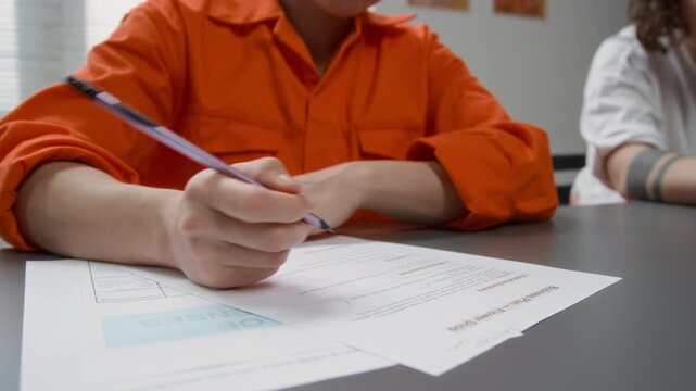 Close up shot of unrecognizable young woman as female inmate sitting at desk and doing tasks with focus on hand writing on paper during class in prison education program, copy space