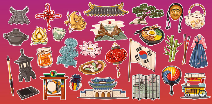 Korean culture icons set with hanbok dress, traditional gate, pagoda, taegukgi flag, temple roof, kimchi bowl, lantern and street food cart. Korean symbols collection in colorful sticker style, vector
