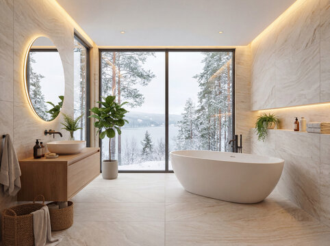A modern, minimalist Scandinavian interior design featuring large-format porcelain tiles and marble. Beautiful lighting and large floor-to-ceiling windows.