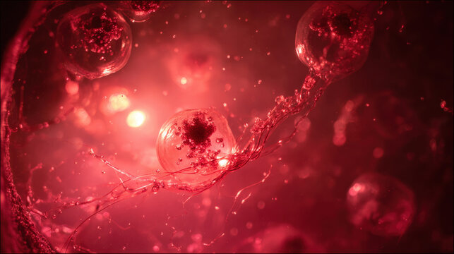 Microscopic abstract 3d rendering of red biological cells or neurons with glowing nucleus and fluid connective filaments representing medical science microbiology health research and biotechnology.