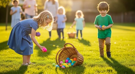 Easter egg hunt kids. Children collecting colorful eggs in sunny garden