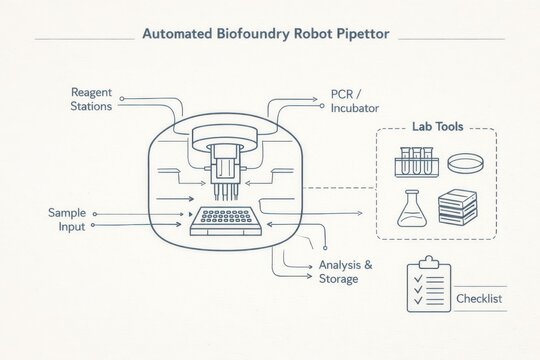 Automated Biofoundry Robot Pipettor Enhancing Precision in PCR Analysis Featuring Advanced Lab Tools and Sample Management Systems for Future Biotechnology Applications
