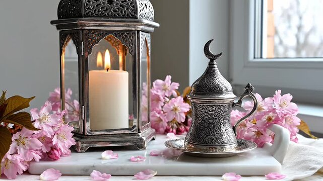 Ornate metallic lantern illuminating a white candle alongside engraved coffee cup with crescent finial and pink blossoms