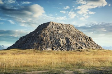 Large rocky formation rises above grassy plains under a blue sky in a serene landscape