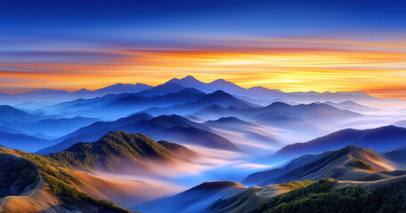 Obraz premium Sunrise over rolling blue mountains and morning mist