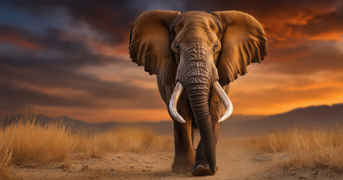 African elephant walking on savanna path at sunset