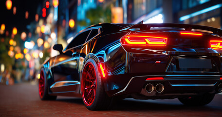 Obraz premium Black sports car featuring red wheels on urban street