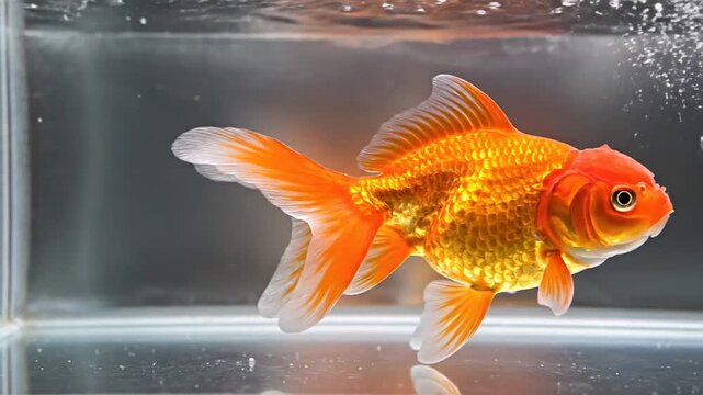 Close-up of a vibrant orange goldfish swimming gracefully in a clear aquarium.
