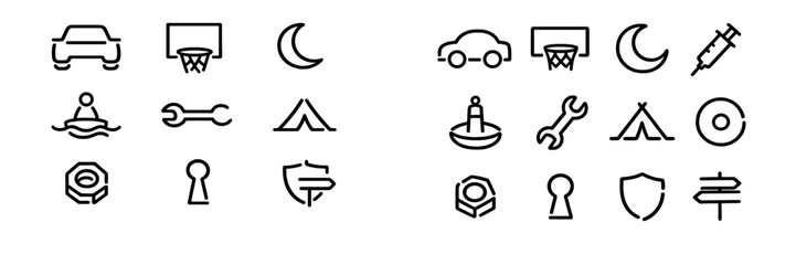 Minimalist black line icons featuring car basketball hoop moon syringe buoy wrench tent disc nut keyhole shield and signpost on white © PAPA STOCK