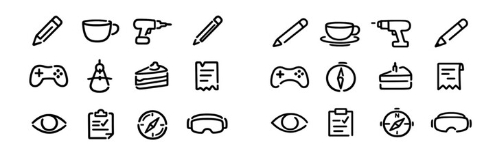Minimalist line icon set featuring pencil coffee cup drill gamepad compass cake slice document eye clipboard and goggles on white background © PAPA STOCK