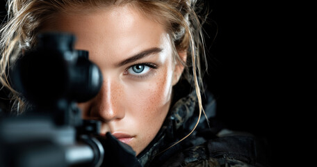 Obraz premium Woman sniper aiming rifle with intense blue eyes