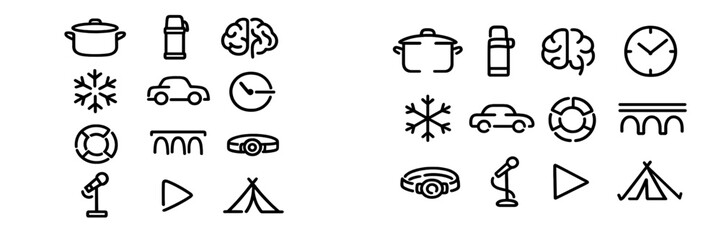 Collection of black line icons featuring everyday objects like a car clock brain tent and cooking pot on a white background © PAPA STOCK