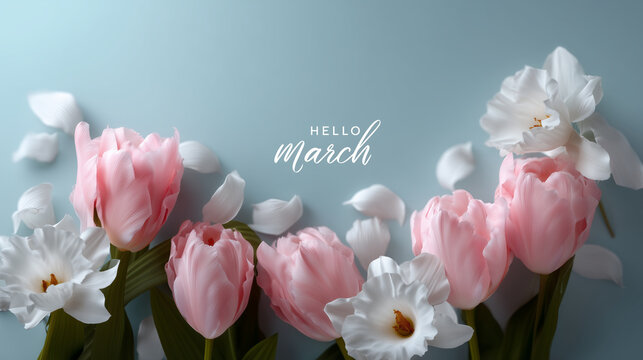 Soft pastel spring banner with delicate pink tulips and white daffodils framing the edges, smooth sky-blue background, elegant 3D script lettering "Hello March" centered, scattered