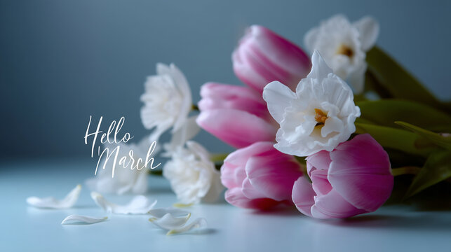 Soft pastel spring banner with delicate pink tulips and white daffodils framing the edges, smooth sky-blue background, elegant 3D script lettering "Hello March" centered, scattered
