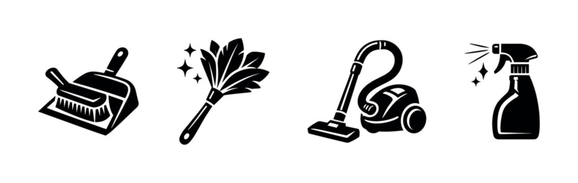 Cleaning tools set icons: broom, duster, vacuum, spray bottle, flat vector illustration