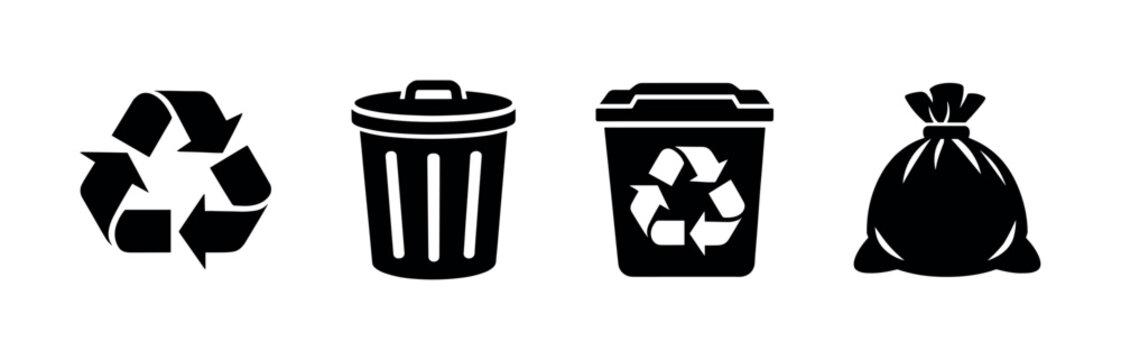 Recycling and waste management icons, flat vector illustration