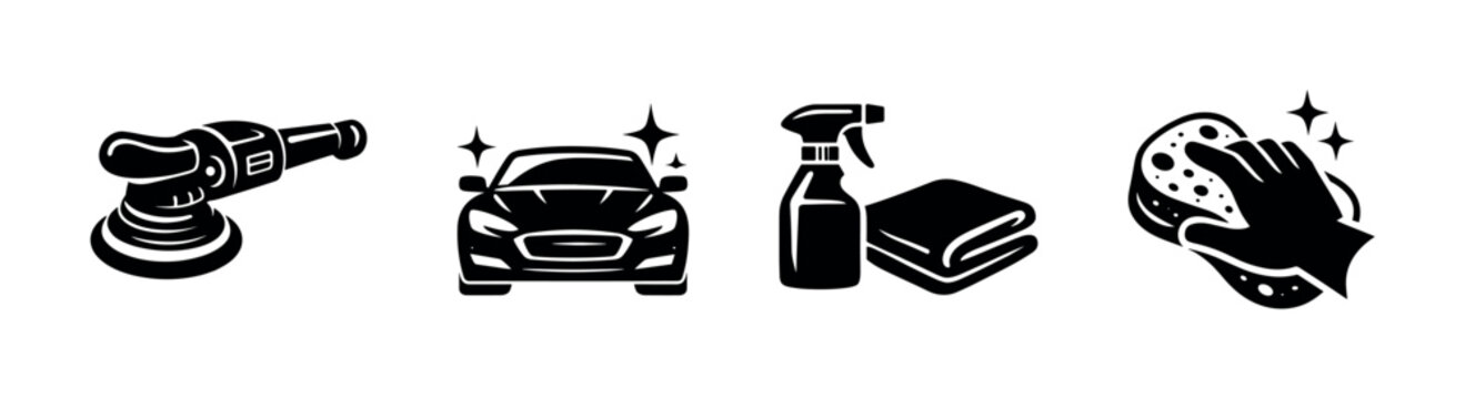 Car detailing tools and supplies icons, flat vector illustration