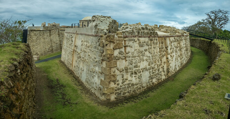 Hornwork constructed of massive cut coral blocks at the Spanish colonial fort san lorenzo in Panama